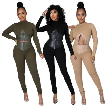 Tight-Fit PU Leather Long Sleeve Leggings Set (Buy 2 Free Shipping)