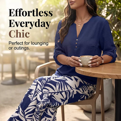 Women's V-Neck Top & Print Wide-Leg Pants Set