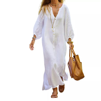 Women’s Minimalist Cotton Linen V-neck Long Dress