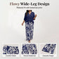 Women's V-Neck Top & Print Wide-Leg Pants Set