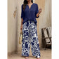 Women's V-Neck Top & Print Wide-Leg Pants Set