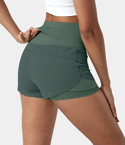 High Waisted Mesh Back Waistband Pocket 2-in-1 Casual Shorts