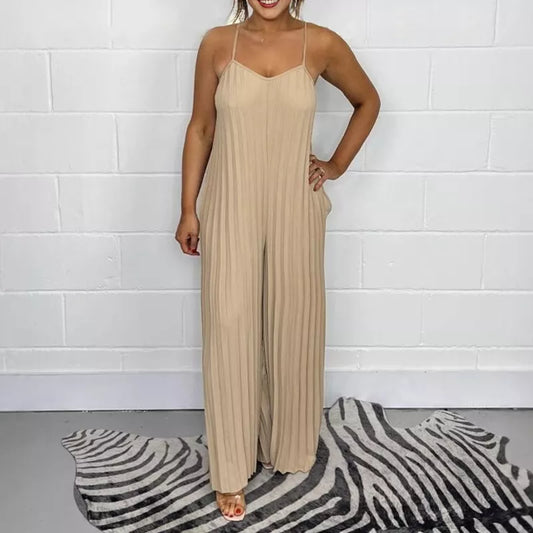 Women's Sexy Strap Loose Jumpsuit with Pleated Design