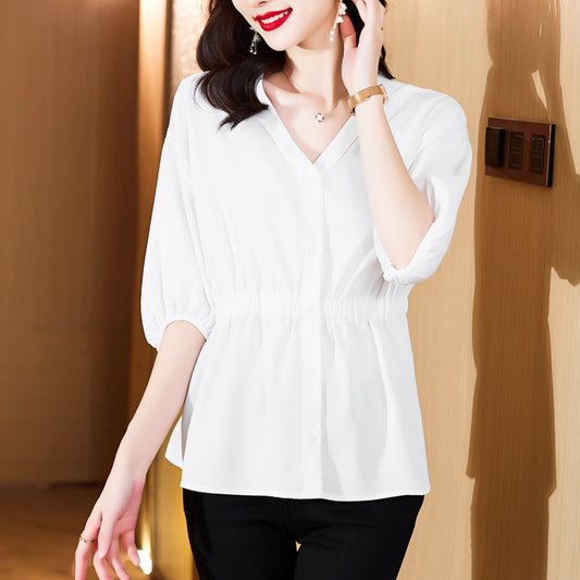 Pousbo® Women's Half Sleeve Solid Color Button Front Top