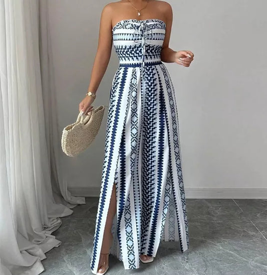 👗 50% OFF NOW! 💥 Geometric Jumpsuit with Halter Neckline & Side Slit – Unique print & elastic back – Versatile, perfect for summer parties or resort wear ✨