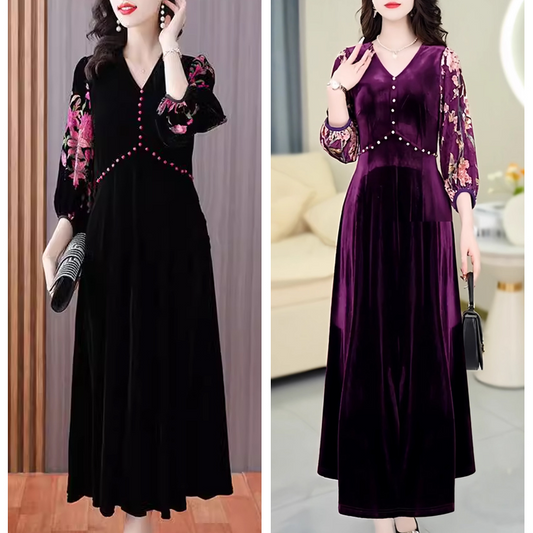 Elegant Lantern Sleeve V-Neck Midi Dress - Best Gift for Her