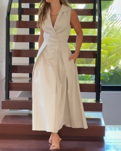 Sleeveless Solid Color Lapel Midi Dresses