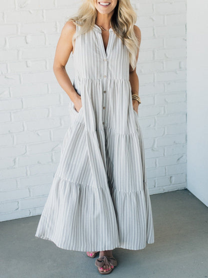 Women's  V Neck Striped Button Front Tiered Dress👗Buy 2 Save 10%