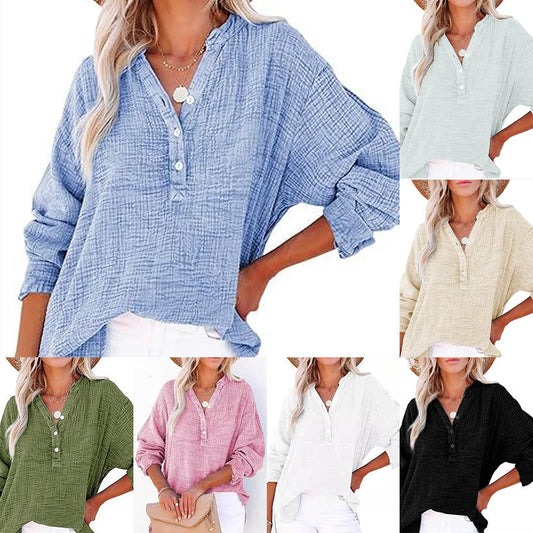 💖🔥Last Day Sale 50%🔥💖Women’s Casual Gauze Button Neck Long Sleeve Blouse