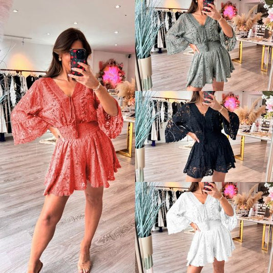 🌸 Crazy rush 💥 for a limited time | Casual cropped V-neck lace set 👗