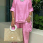Women's casual plus size cotton blend set with five-minute sleeves