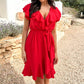 🎉Summer New Arrivals👗Women's Elegant Waist Tie V-Neck Ruffle Dress