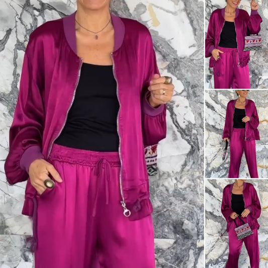 Women's Round Neck Satin Zipper Casual 2-Piece Suit