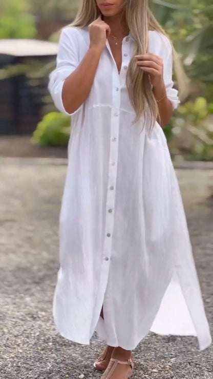 Women's Casual Solid Color Button Front Linen Shirt Dress
