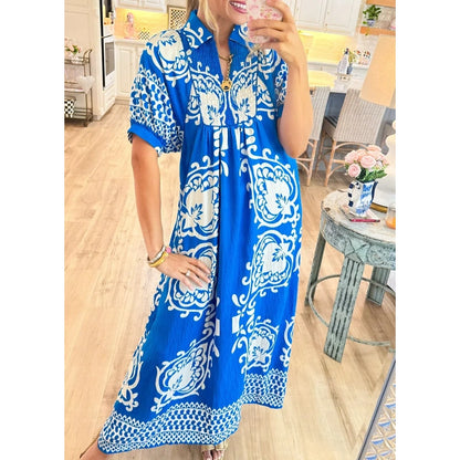 Blue V-Neck Collared Printed Maxi Dress with Puff Sleeves