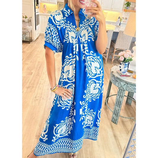 Blue V-Neck Collared Printed Maxi Dress with Puff Sleeves