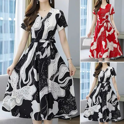 👗【M-4XL】Sleek print V-neck dress