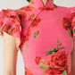 Cheongsam Style Rose Floral Print Tiered Flare Sleeve Stretch Maxi Dress