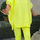 Women's Round Neck Slit Fluorescent Color Casual Suit