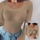 ⏰Last Day 50% OFF🍂Womens U-Neck Built-in Bra Long Sleeve Ribbed Top Shirts Elegant Skinny Fit Fabric