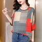 O-Neck Print Patchwork Silk Tops Half Sleeve