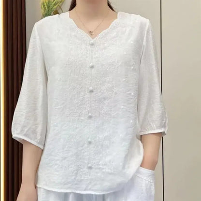 2024 retro embroidered linen V-neck loose top