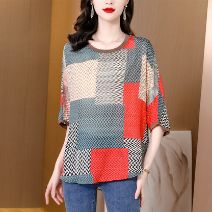 O-Neck Print Patchwork Silk Tops Half Sleeve