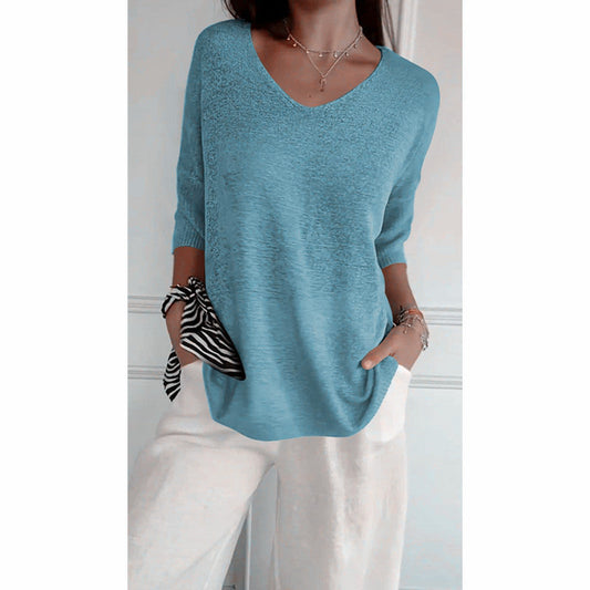 💖LAST DAY SALE 50% OFF🥰Solid Color Knitted V-neck Top