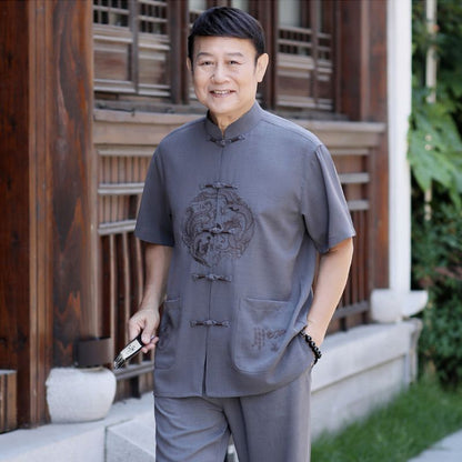 Middle-age Men's Ice silk Short-sleeve 2-piece Tang suit