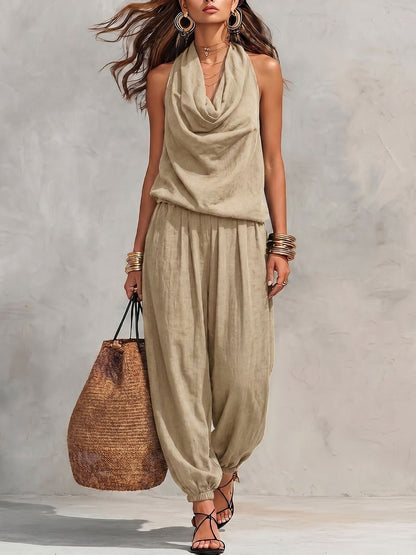 📢📢40% OFF !! ⏰ Sleeveless Cowl Neck Jumpsuit – Halter, Wide-Leg, Elegant 🍷