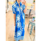 Blue V-Neck Collared Printed Maxi Dress with Puff Sleeves