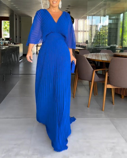 💃 Half Ruffled Sleeves Solid Color V-Neck Maxi Dresses
