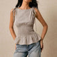 Gingham Smocked Peplum Top with Tie Shoulders