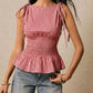 Gingham Smocked Peplum Top with Tie Shoulders