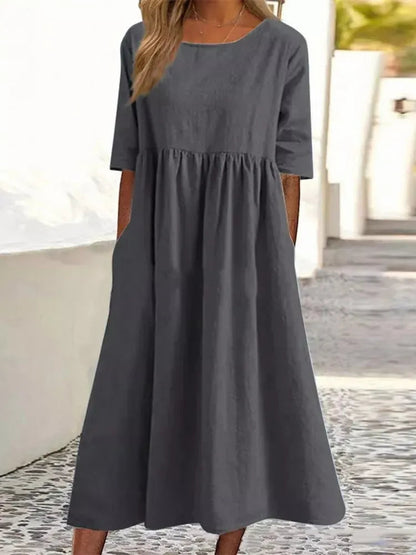 🔥Kvinnor Casual Basic Outdoor Crew Neck Pocket Smocked Bomullsklänning