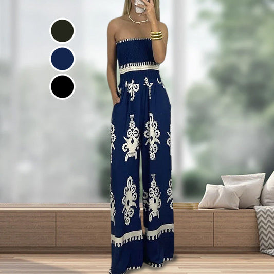 Dames Etnische Print Strapless Jumpsuit met Hoge Taille en Losse Pasvorm