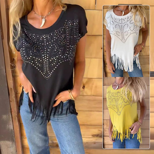 Women's Solid Color Short-Sleeve T-Shirt with Hot Print and Fringed Hem