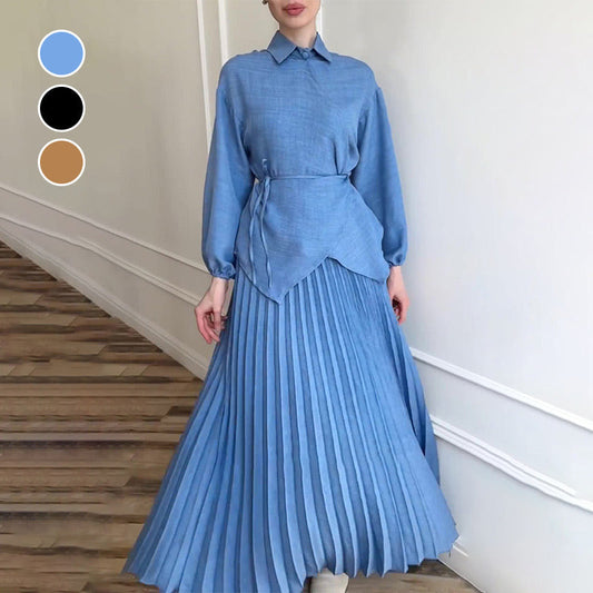 Elegant 2-Piece Set with Belted Waist Shirt and Pleated Skirt