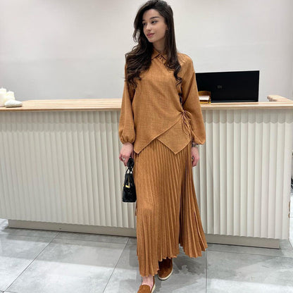 Elegant 2-Piece Set with Belted Waist Shirt and Pleated Skirt