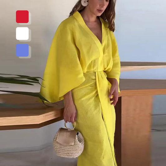 Solid Color V-Neck Pleated Dress with Fishtail Hem