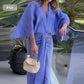 Solid Color V-Neck Pleated Dress with Fishtail Hem