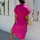 Solid Color Lapel Button Waist-Drawing Dress