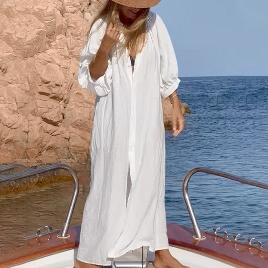 Women’s White Loose Fit 3/4 Sleeve Long Swimsuit Cover Up