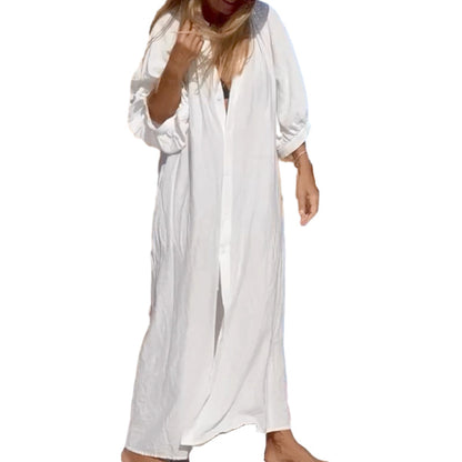 Women’s White Loose Fit 3/4 Sleeve Long Swimsuit Cover Up