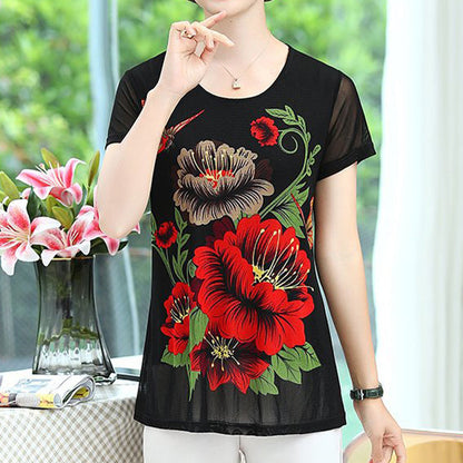 Women's Elegant Short Sleeve Floral Print T-Shirt