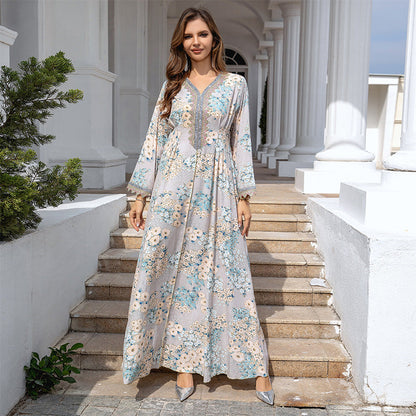 Women’s Elegant Floral Print Long Sleeve Flowy Long Dress
