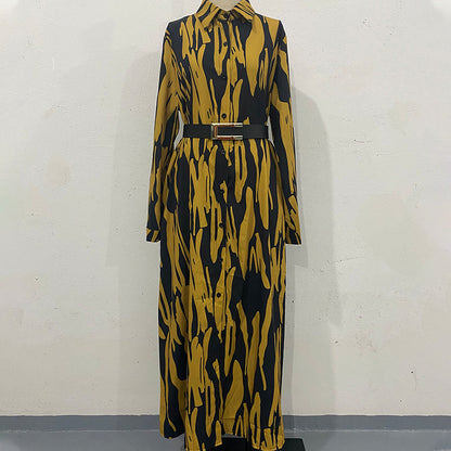Button-Down Long Sleeves Maxi Dress with Belt