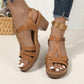 Open-Toe Cutout Block Sandals with Buckle Strap