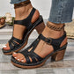 Open-Toe Cutout Block Sandals with Buckle Strap