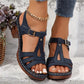 Open-Toe Cutout Block Sandals with Buckle Strap